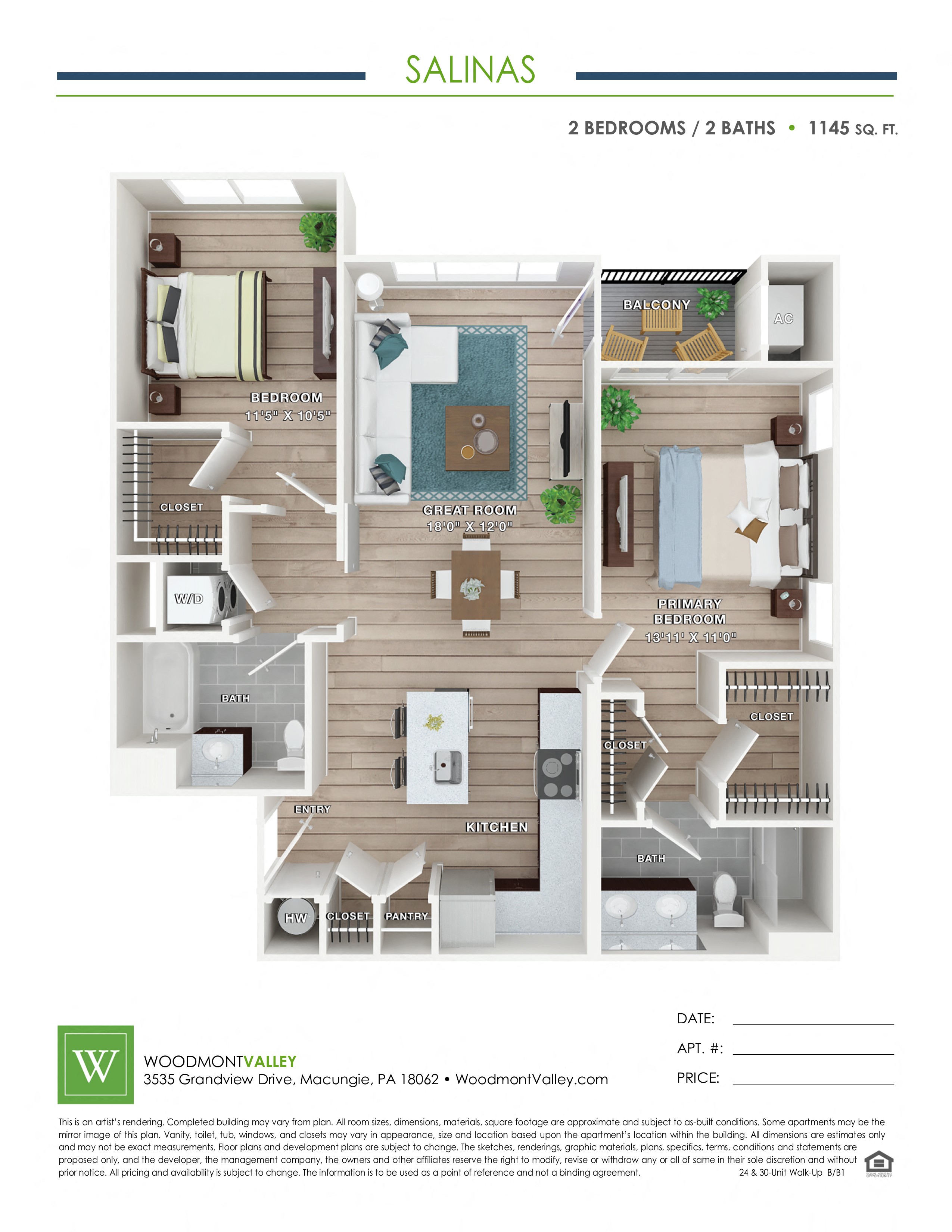 Floor plan for 2 beds, 2 baths, 1145 sqft